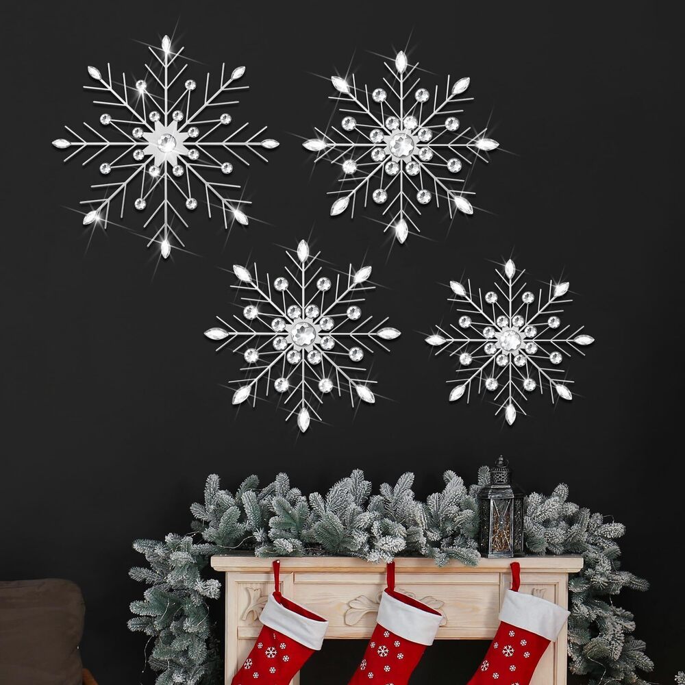 8104 4 Pcs 12" 10" 8" Snowflake Metal Wall Art Rhinestones 3D Decor